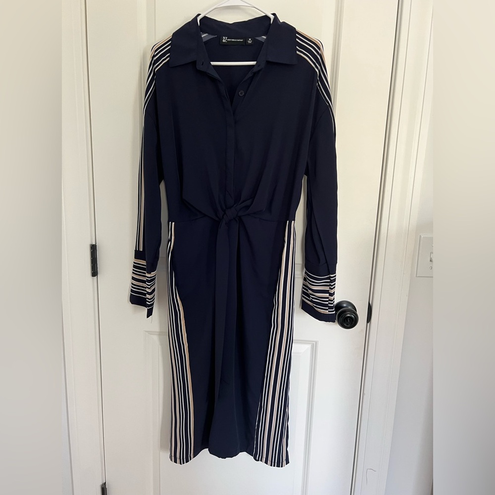 New York & Company Navy and White Long Sleeve Tie-Waist Shirt Dress